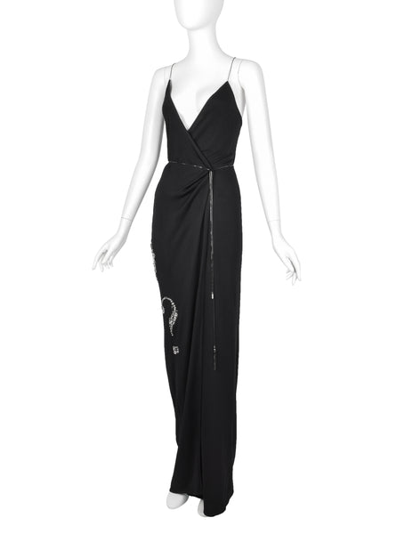 Moschino Couture! Vintage SS 1998 Black Silver Peace Love Hardware Embellished Wrap Dress
