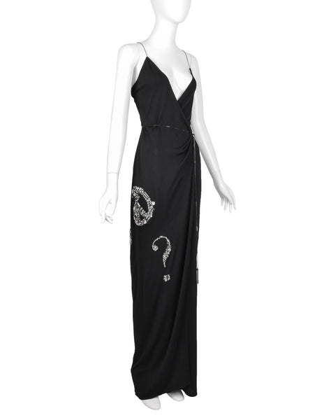 Moschino Couture! Vintage SS 1998 Black Silver Peace Love Hardware Embellished Wrap Dress