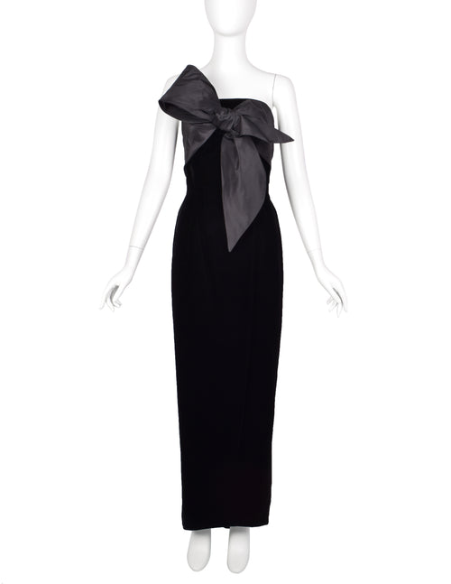 Mr. Blackwell Vintage 1960s Custom Black Velvet Taffeta Bow Gown Mr. Blackwell Vintage 1960s Custom Black Velvet Taffeta Bow Gown