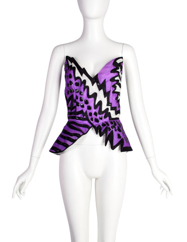 Neil Bieff Vintage 1980s Purple Black White Embroidered Sequin Silk Gazar Bustier Top