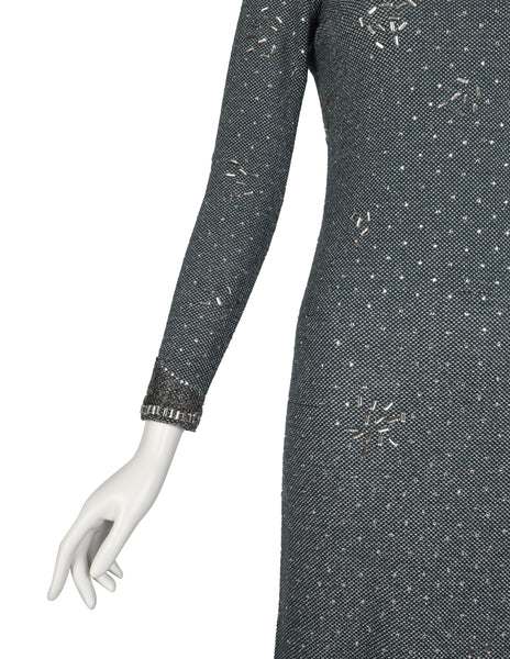 Pauline Trigere Vintage 1970s Deep Teal Green and Silver Knit Rhinestone Embellished Gown with Shawl