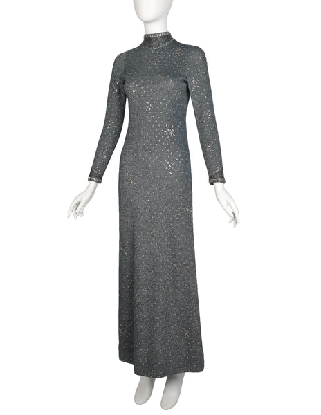 Pauline Trigere Vintage 1970s Deep Teal Green and Silver Knit Rhinestone Embellished Gown with Shawl