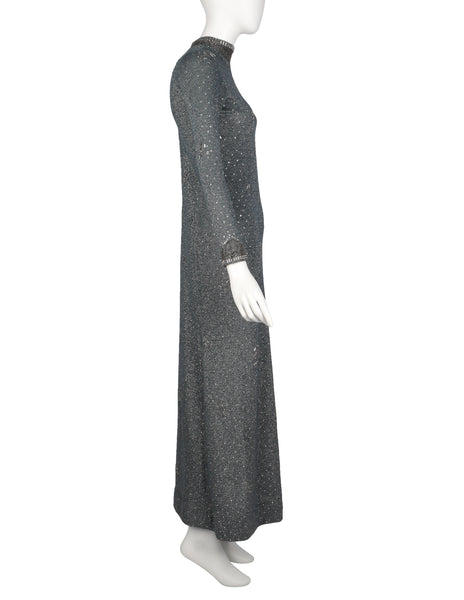 Pauline Trigere Vintage 1970s Deep Teal Green and Silver Knit Rhinestone Embellished Gown with Shawl