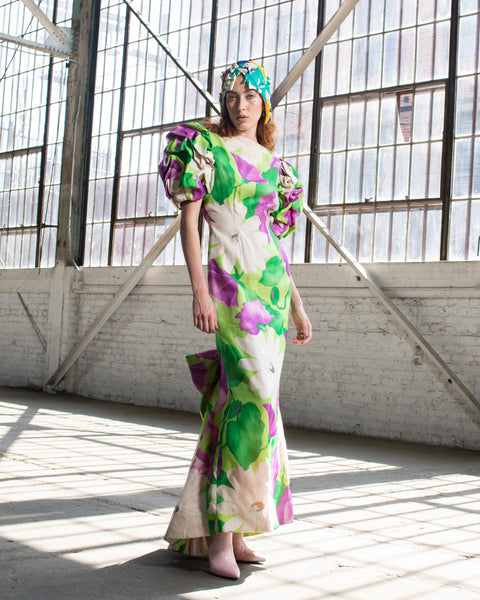 Scaasi Vintage 1980s Purple and Green Floral Print Silk Puff Sleeve Gown
