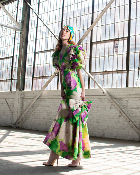 Scaasi Vintage 1980s Purple and Green Floral Print Silk Puff Sleeve Gown