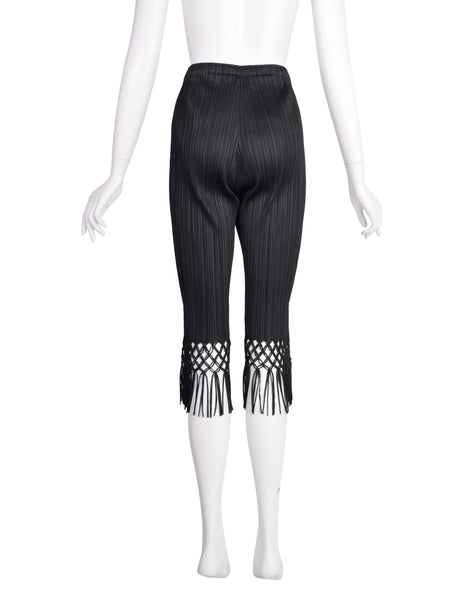 Pleats Please by Issey Miyake Vintage Black Pleated Cropped Macrame Fringe Capri Pants