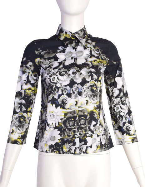 Prada SS 2010 Black White Yellow Floral Print Button Up Shirt