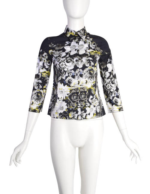 Prada SS 2010 Black White Yellow Floral Print Button Up
