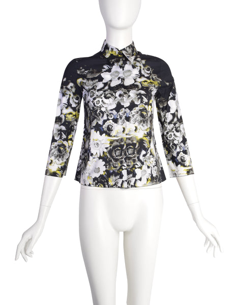 Prada SS 2010 Black White Yellow Floral Print Button Up Shirt