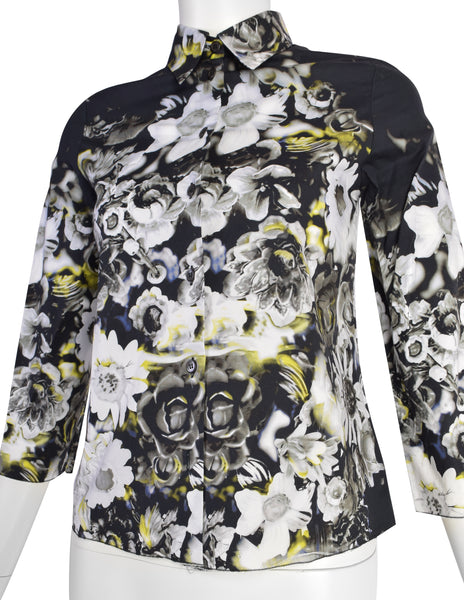 Prada SS 2010 Black White Yellow Floral Print Button Up Shirt