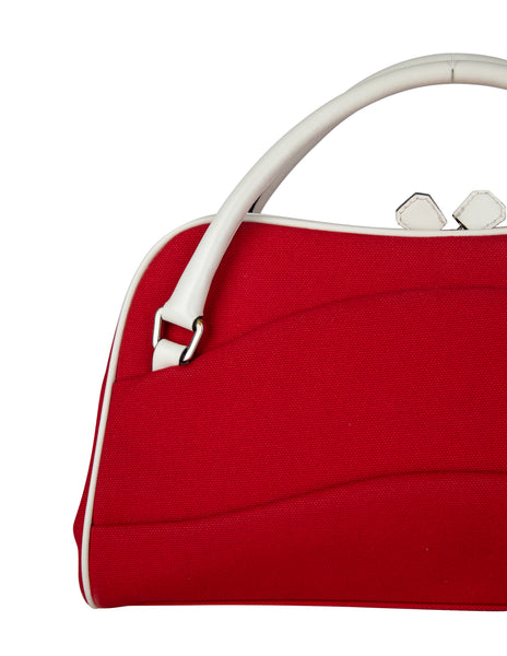 Prada Vintage Red Canvas and White Leather Handbag