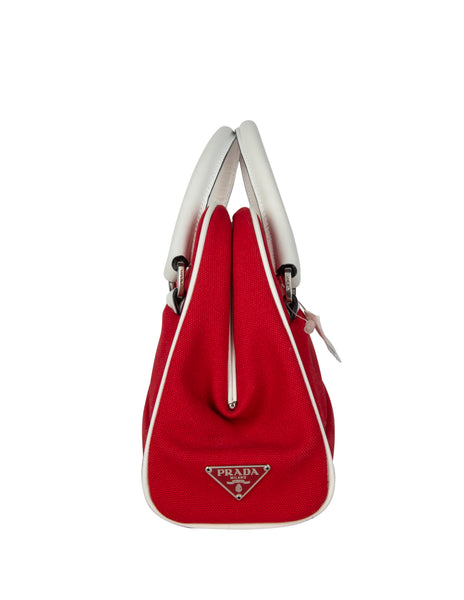 Prada Vintage Red Canvas and White Leather Handbag