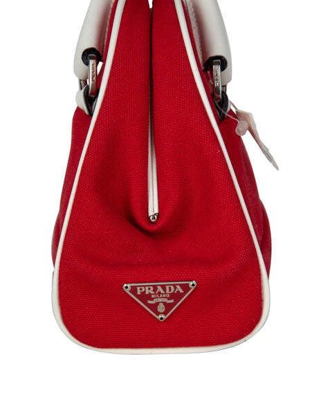 Prada Vintage Red Canvas and White Leather Handbag
