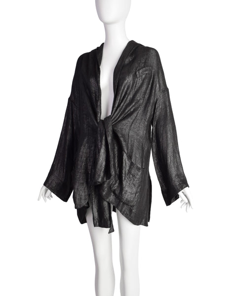 Romeo Gigli Vintage SS 1992 Charcoal Silver Shimmer Linen Hooded Tie Front Jacket
