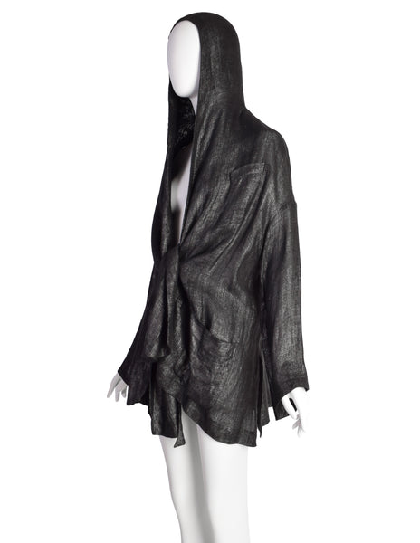 Romeo Gigli Vintage SS 1992 Charcoal Silver Shimmer Linen Hooded Tie Front Jacket