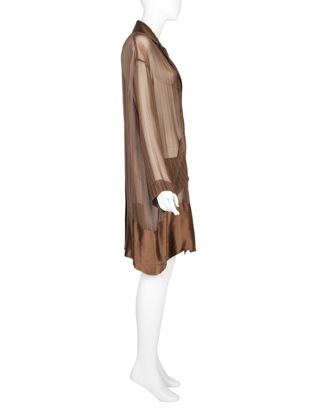 Romeo Gigli Vintage 1990s Pinstripe Mocha Brown Sheer Silk Chiffon Coat