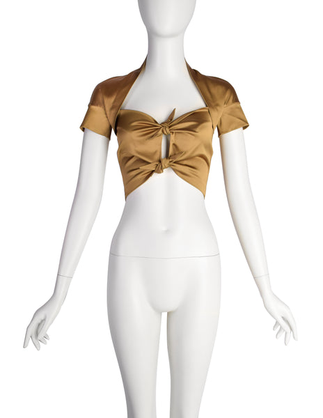 Romeo GIgli Vintage SS 1990 Runway Golden Satin Pointed Knot Cropped Top