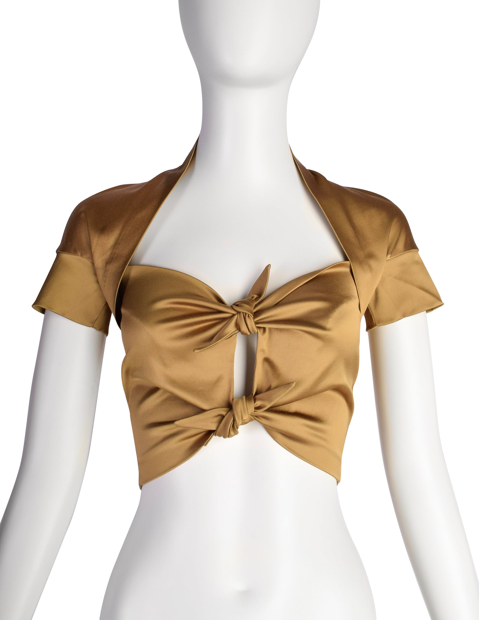 Romeo GIgli Vintage SS 1990 Runway Golden Satin Pointed Knot Cropped Top