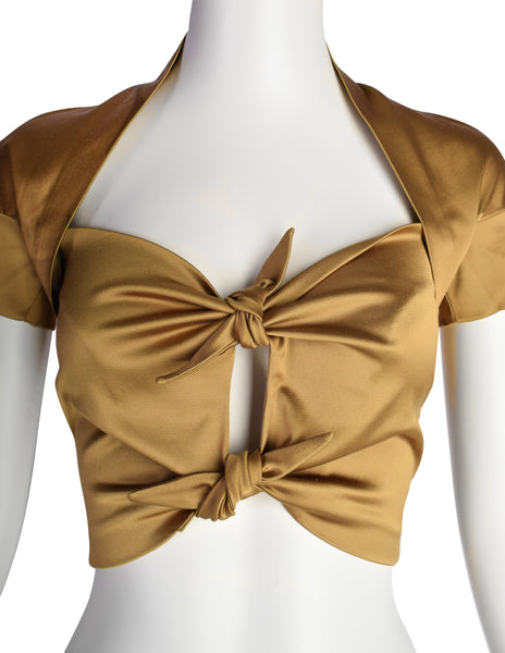 Romeo GIgli Vintage SS 1990 Runway Golden Satin Pointed Knot Cropped Top