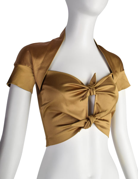 Romeo GIgli Vintage SS 1990 Runway Golden Satin Pointed Knot Cropped Top