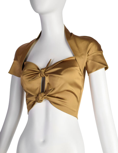 Romeo GIgli Vintage SS 1990 Runway Golden Satin Pointed Knot Cropped Top