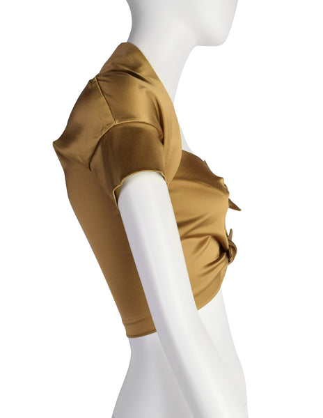 Romeo GIgli Vintage SS 1990 Runway Golden Satin Pointed Knot Cropped Top