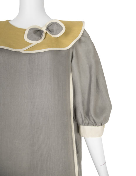 Schiaparell Vintage 1980s Grey and Chartreuse Linen Puff Sleeve Dress