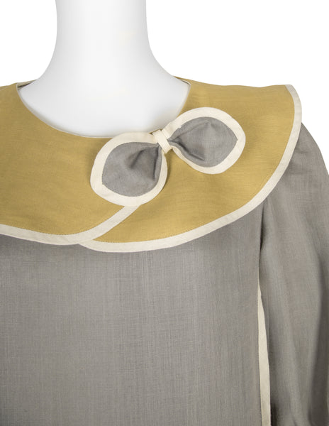 Schiaparell Vintage 1980s Grey and Chartreuse Linen Puff Sleeve Dress