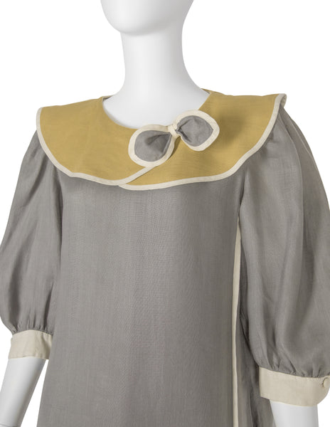 Schiaparell Vintage 1980s Grey and Chartreuse Linen Puff Sleeve Dress