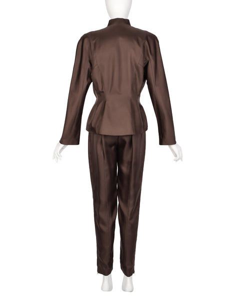 Thierry Mugler Vintage 1990s Chocolate Brown Silk Sculpted Jacket and Pant Suit
