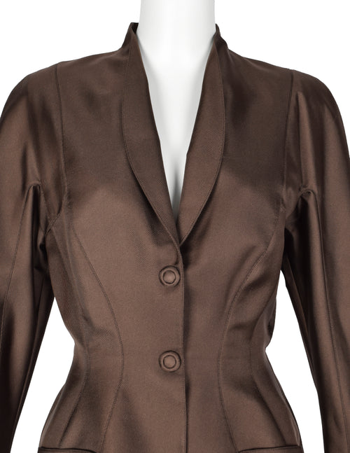 Thierry Mugler Vintage 1990s Chocolate Brown Silk Sculpted Jacket and Amarcord Vintage Fashion Thierry Mugler Vintage 1990s Chocolate Brown Silk Sculpted Jacket and Amarcord Vintage Fashion