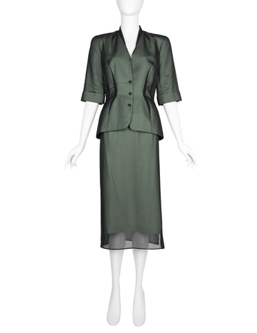 Thierry Mugler Vintage SS 1999 Green and Black Chiffon Tailored Skirt Suit