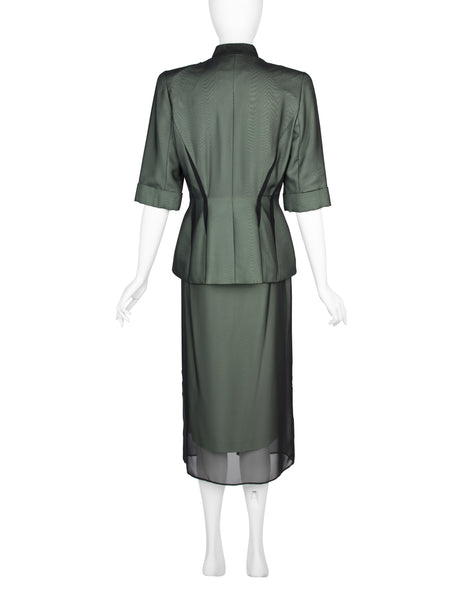 Thierry Mugler Vintage SS 1999 Green and Black Chiffon Tailored Skirt Suit