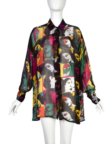 Tramp Vintage 1990s Multicolor Graphic Face Print Semi-Sheer Rayon Oversized Button Up Shirt