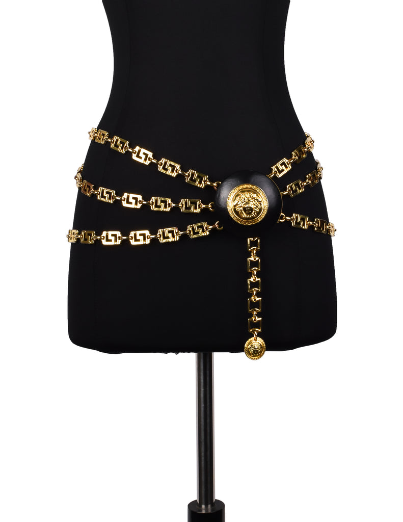 Gianni Versace Vintage AW 1992 Miss S&M Black Leather and Golden Tripl – Amarcord Vintage Fashion
