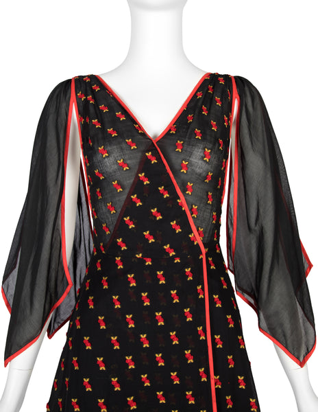 1970s Vintage Black Semi-Sheer Embroidered Red Cherries Gown