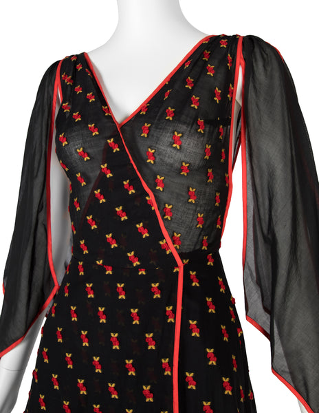 1970s Vintage Black Semi-Sheer Embroidered Red Cherries Gown