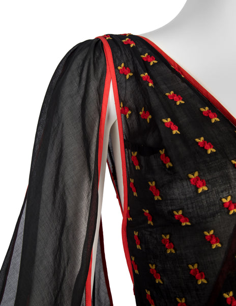 1970s Vintage Black Semi-Sheer Embroidered Red Cherries Gown