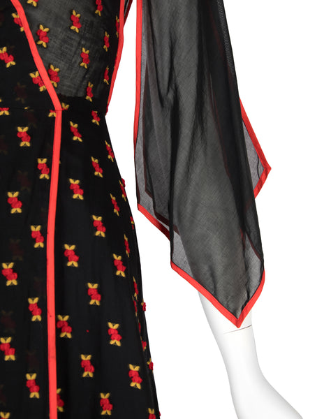 1970s Vintage Black Semi-Sheer Embroidered Red Cherries Gown