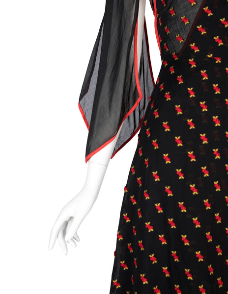 1970s Vintage Black Semi-Sheer Embroidered Red Cherries Gown