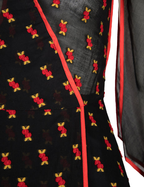 1970s Vintage Black Semi-Sheer Embroidered Red Cherries Gown