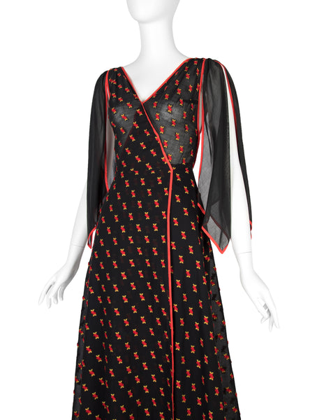 1970s Vintage Black Semi-Sheer Embroidered Red Cherries Gown