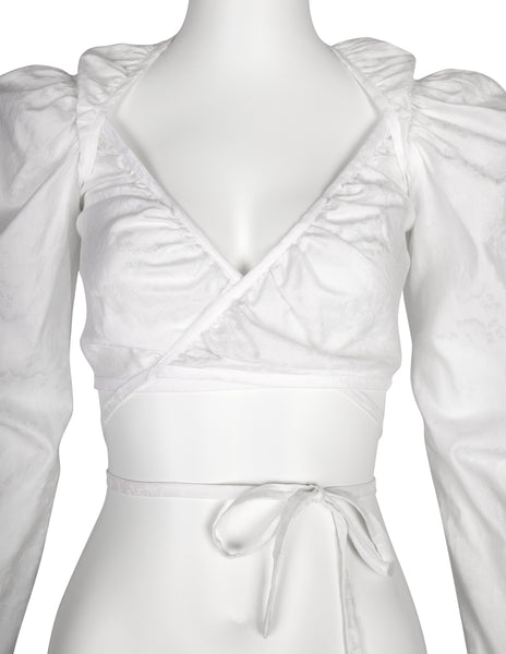 Vivienne Westwood Vintage SS 1999 White Floral Jacquard Puffy Mutton Sleeve Cropped Wrap Top