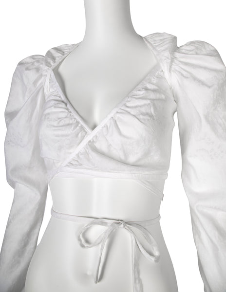 Vivienne Westwood Vintage SS 1999 White Floral Jacquard Puffy Mutton Sleeve Cropped Wrap Top