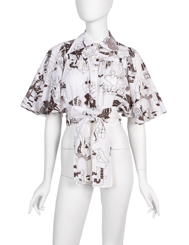 Action Vintage 1970s Cafe Doodle Novelty Print Flutter Sleeve Tie Top