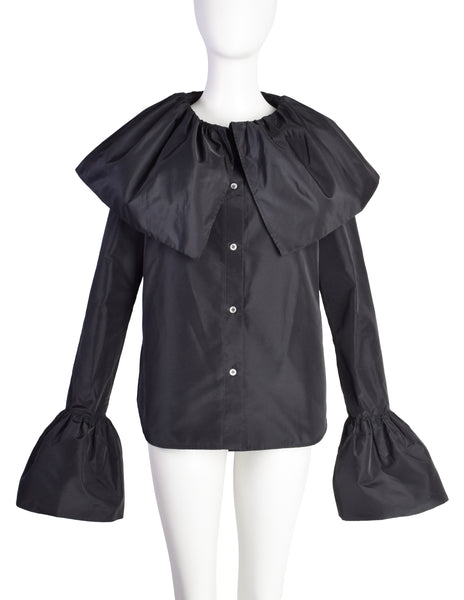 Yohji Yamamoto Vintage Black Silk Faille Huge Queen's Collar Button Up Blouse
