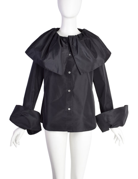 Yohji Yamamoto Vintage Black Silk Faille Huge Queen's Collar Button Up Blouse