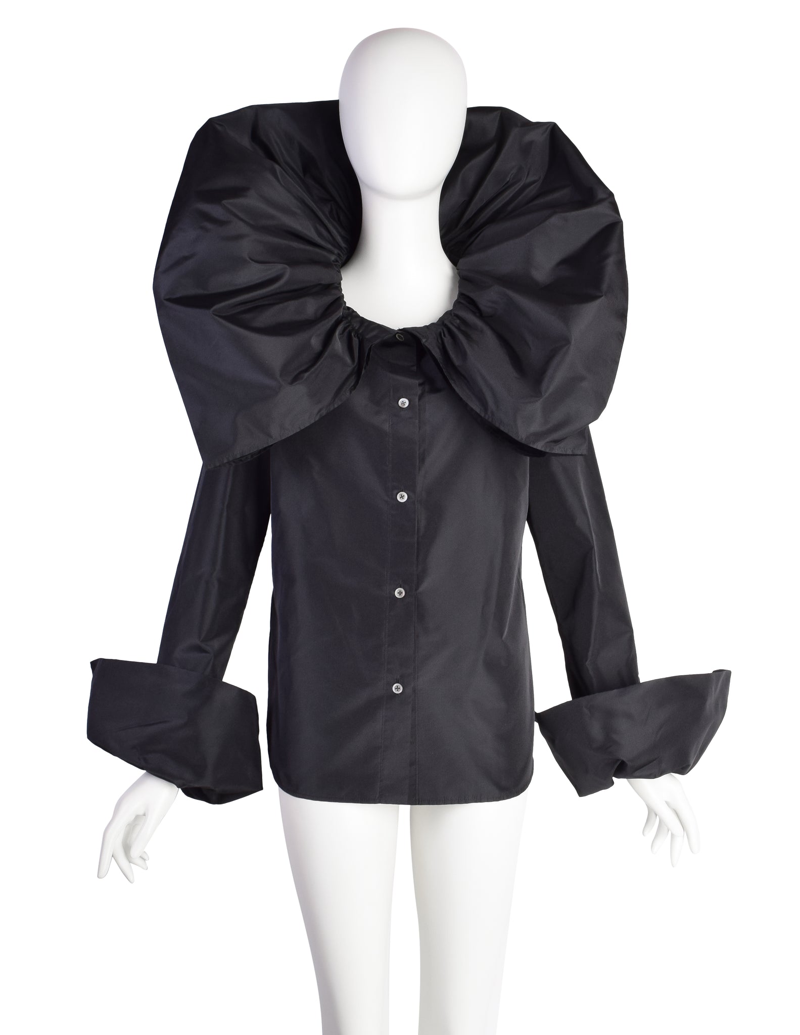 Yohji Yamamoto Vintage Black Silk Faille Huge Queen's Collar Button Up Blouse