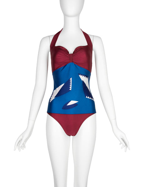 Yves Saint Laurent Vintage 1970s Geometric Print Halter Swimsuit