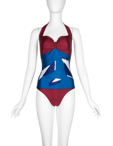 Yves Saint Laurent Vintage 1970s Geometric Print Halter Swimsuit